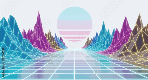 A futuristic 3D render of a neon-lit landscape with a grid road, surrounded by vibrant purple, blue, and gold mountains under a pastel sun. Perfect for presentations, graphic resources, and