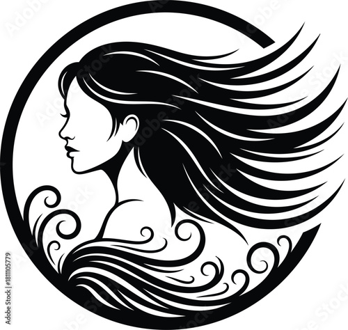 Woman with flowing hair logo design for beauty salon and hair care brand eps silhouette