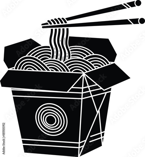 Takeout noodles illustration: chinese food in box with chopsticks vector eps silhouette