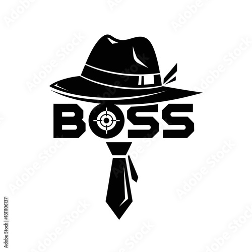 Boss logo with hat and tie representing authority and power.