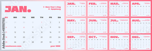 Pastel Office Holiday Wall Planner 2026. Bold Monthly Calendar Layout with Public Holidays, Sunday Start Printable. Vector Printable Calendar Planner Template Design for 2026 year