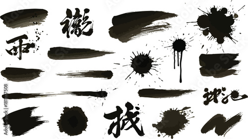 Mega bundle of different ink brush strokes:rectangle,square and round freehand drawings.Ink splatters,grungy painted lines,artistic design elements