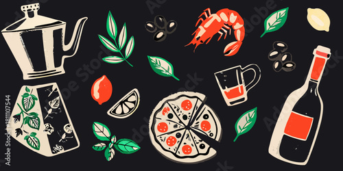 Italian food and drink illustration with pizza wine and seafood on dark background