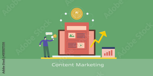 Man with megaphone promote brand through content marketing, automating visual content creation and distribution with centralized AI system.