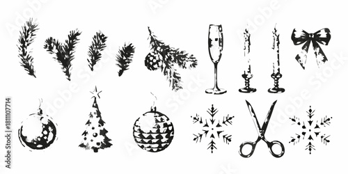 Monochrome christmas and new year elements tree ornaments candles and more