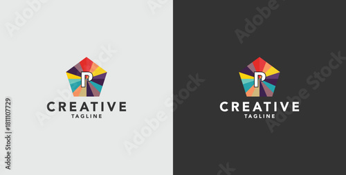 Digital colorful abstract icons, elements and symbols with initial P logo, template
