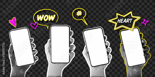 Hands holding smartphones with speech bubbles and social media icons