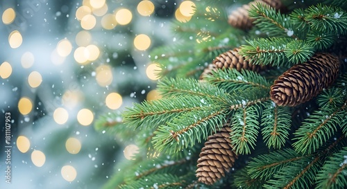 Christmas Pine Branches with Cones and Snow — Festive Winter Background