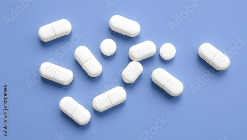 White capsules and pills on blue