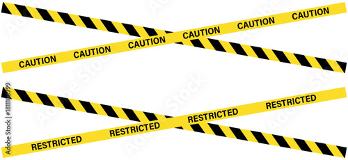 restricted caution tape, Two sets of yellow caution and restricted tape crossed on a white background creating a barrier