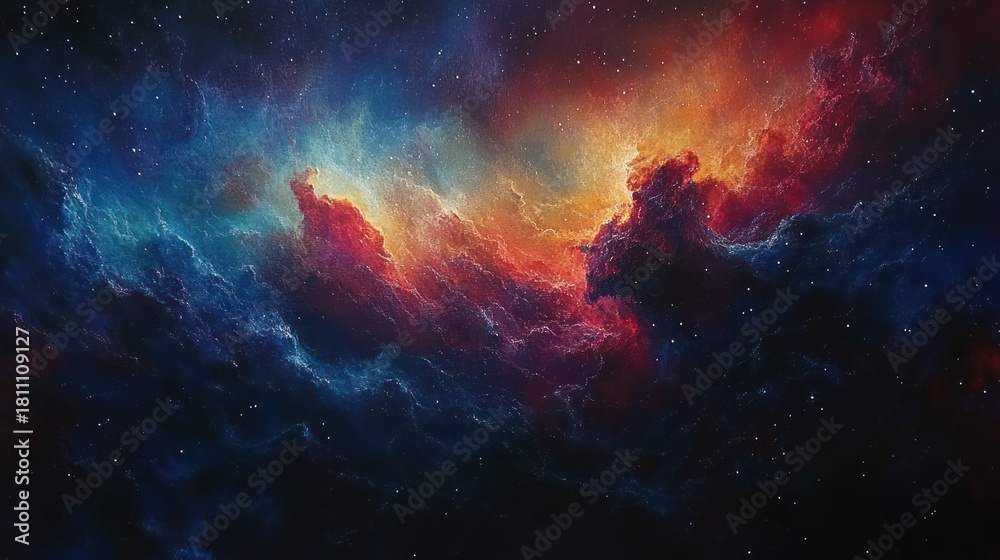 Fototapeta premium Vibrant Cosmic Nebula with Swirling Gas and Dust in Deep Space