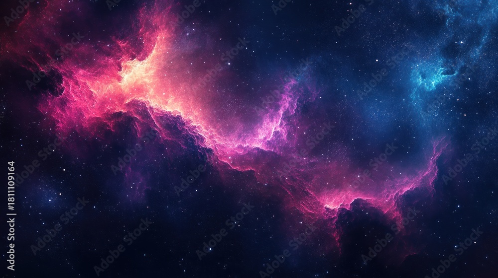 Fototapeta premium Vibrant Cosmic Nebula with Glowing Pink and Blue Gas and Numerous Stars