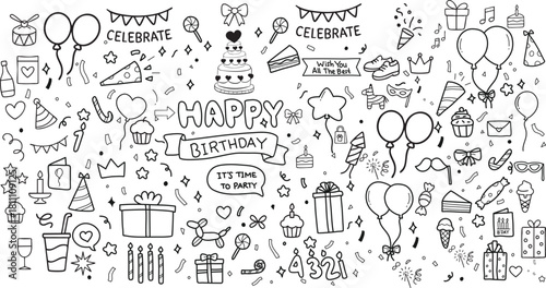 Happy Birthday Doodle Background – Hand-Drawn Celebration Elements on Black