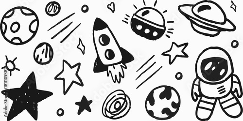 Hand drawn space exploration elements planets rocket astronaut stars and more