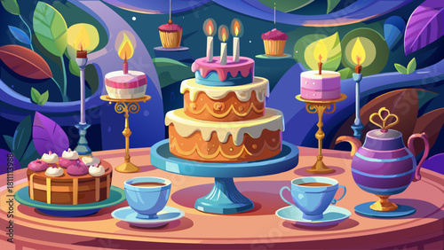 Elegant birthday cake with lit candles on a multi-tiered stand, surrounded by delicate teacups and soft-focus teapot, photorealistic composition