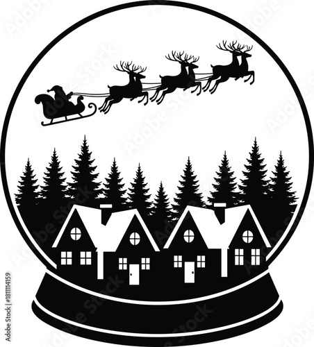 Christmas snow globe silhouette with Santa flying sleigh over winter village, vector illustration holiday icon