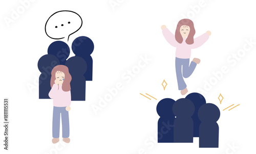 孤立を感じる女性と笑顔で輪に入る女性