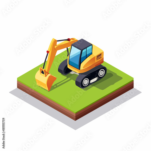 Vector illustration of excavator on green land in isometric view
