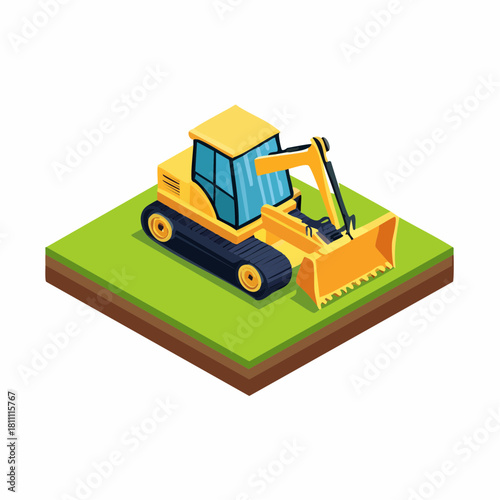 Vector illustration of bulldozer on green land in isometric view
