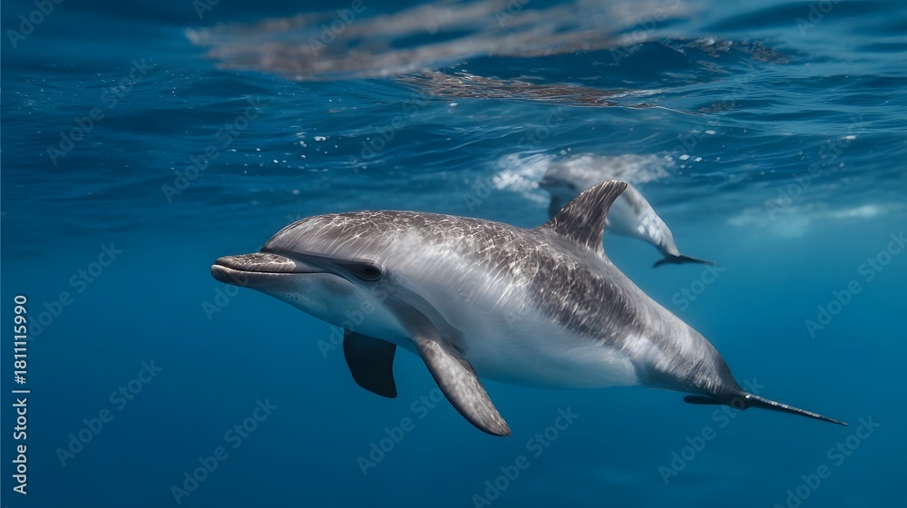 Fototapeta premium Two spotted dolphins swim gracefully in the clear blue ocean