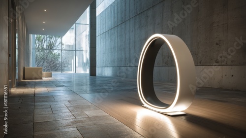 Modern Minimalist Interior with Artistic Light Fixture in Contemporary Architecture and Natural Lighting, Showcasing Sleek Lines and Textured Surfaces