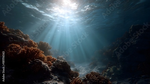 Fototapeta Naklejka Na Ścianę i Meble -  Sunlight beams illuminate a vibrant coral reef on the sandy seabed