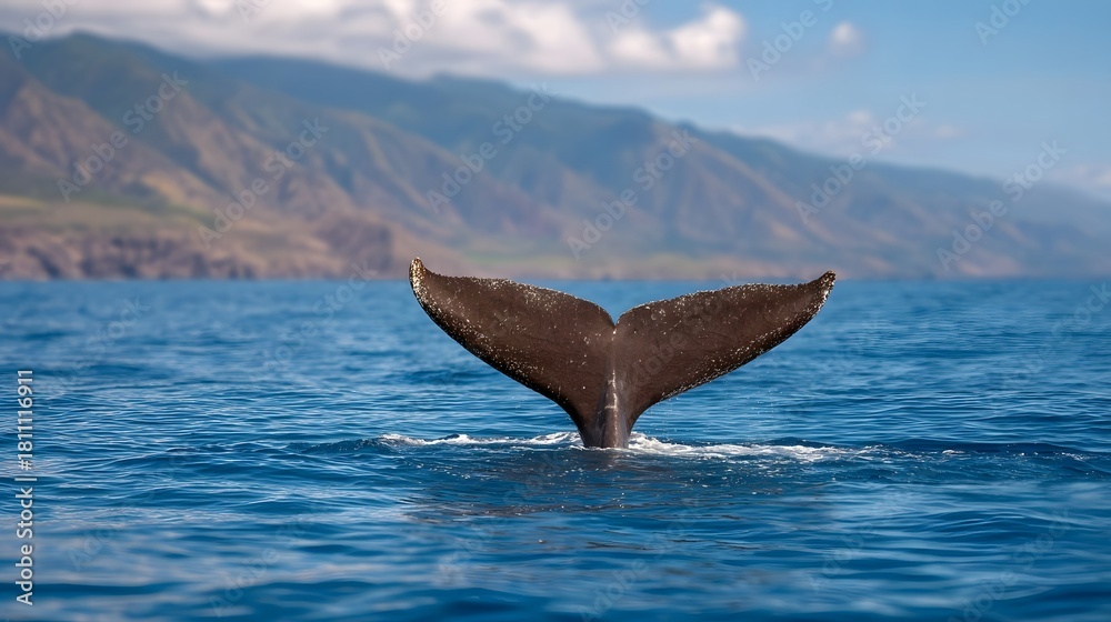 Fototapeta premium Majestic whale tail fluke surfaces from deep blue ocean waters distant mountains under bright sky