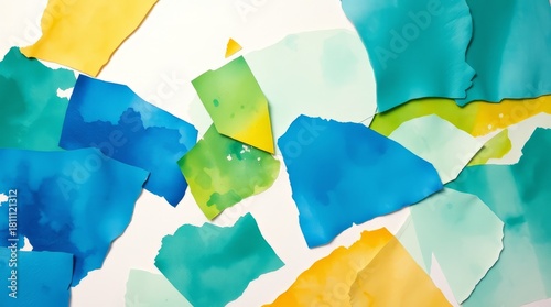Abstract Watercolor Fragments: A vibrant arrangement of torn watercolor paper pieces in shades of blue, green, and yellow creates a dynamic and colorful composition.