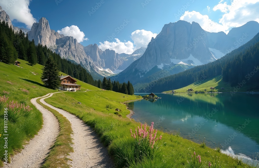 Obraz premium Dirt path leads to cabin beside clear blue lake and vast mountains. Green meadows slope up toward jagged peaks under a sunny sky. Evergreen forest surrounds serene lakeside.