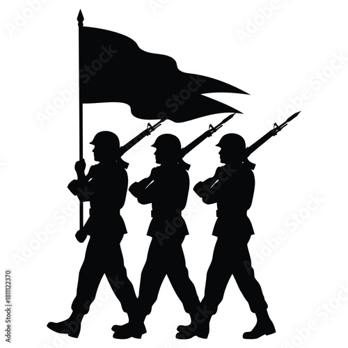 Powerful silhouette of soldiers marching with a flag, ideal for memorial day tributes, military themes, and historical commemorations with impactful design