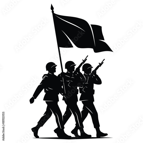 Powerful silhouette of soldiers marching with flag, symbolizing bravery, strength, and patriotic duty perfect for historical or commemorative projects.