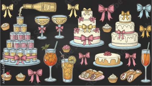 Chalkboard style illustration set featuring sweet treats and celebratory beverages for festive occasions