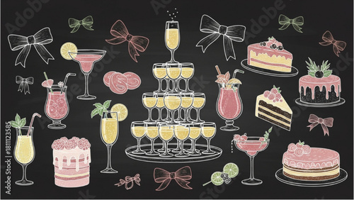 Party drinks and cakes celebration with ribbons and confetti icons