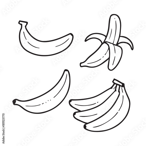 Banana Fruit Line Art Set - Whole, Peeled, and Bunch Vector Icons