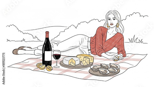 Elegant woman enjoying a delightful picnic with wine, cheese, and oysters in a scenic outdoor setting