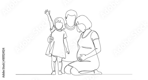 Continuous Single Line Drawing of Happy Family with Pregnant Mother Illustration