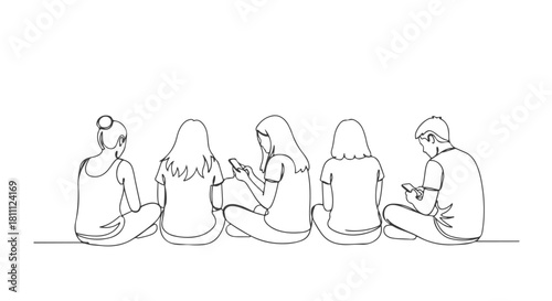 A group of five friends sitting together, engrossed in their smartphones, depicted in a minimalist single continuous line drawing
