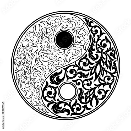 Minimalist yin yang symbol with floral design, balance and harmony concept in black and white vector illustration vector