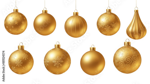 A delightful collection of shiny golden Christmas baubles and festive decorative ornaments, perfect for holiday celebrations
