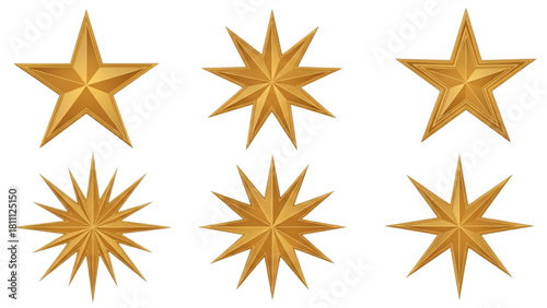 Set of six golden stars with various points symbolizing excellence and achievement on a white background