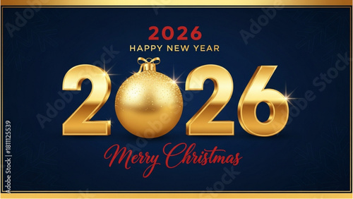 Happy New Year 2026 Merry Christmas Greeting Card With Golden Ornament