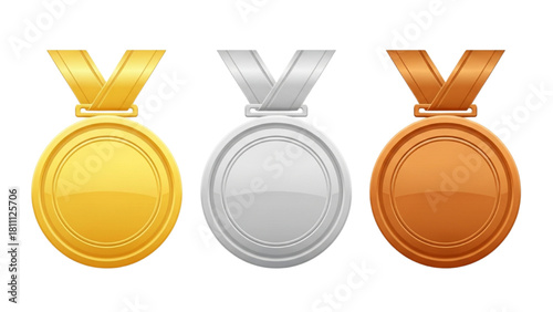 Set of three sports medals gold, silver, and bronze, symbolizing achievement and victory