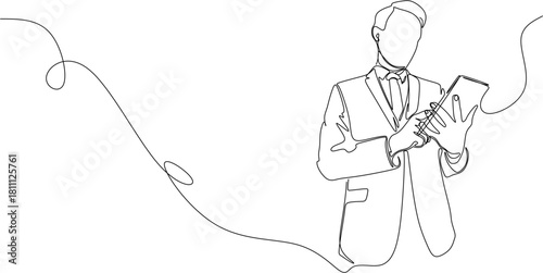 Continuous line drawing. Bussines man with tablet. Vector illustration.