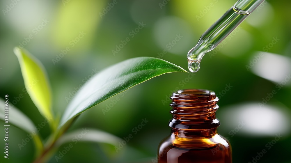 Fototapeta premium Fresh droplet falls from dropper into brown glass bottle among green leaves