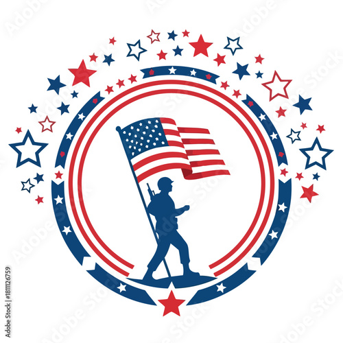 Patriotic tribute with soldier silhouette holding American flag surrounded by stars, perfect for Fourth of July or Memorial Day celebrations