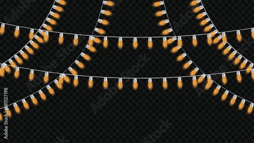 Festive orange string lights decoration isolated on transparent dark background