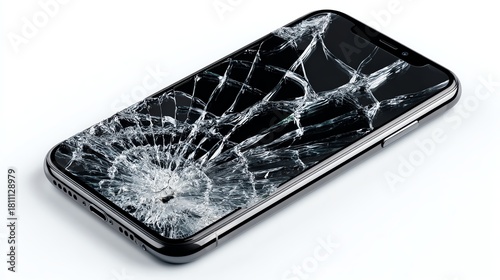 A close-up of a cracked smartphone screen highlighting damage and broken glass.