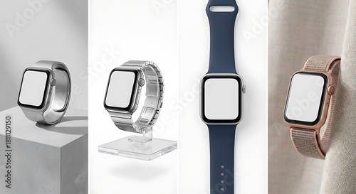 Various smartwatches with blank screens for mockup, showcasing different styles and materials watch mockup