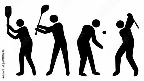 Dynamic silhouettes showing people playing sports like lacrosse and baseball, perfect for promoting teamwork and physical activity in a simple iconic style