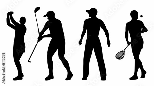 Dynamic black silhouettes of golfers and squash players in action, perfect for sports branding and fitness campaigns, originally a scalable vector graphic